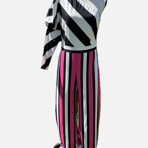 NY & C O striped one shoulder jumpsuit, blk/wht & hot pink, size medium wide leg - Picture 4 of 11